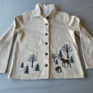 Breckenridge Womens Small Beige Moose Embroidered Button Down‎ cabin cottage
